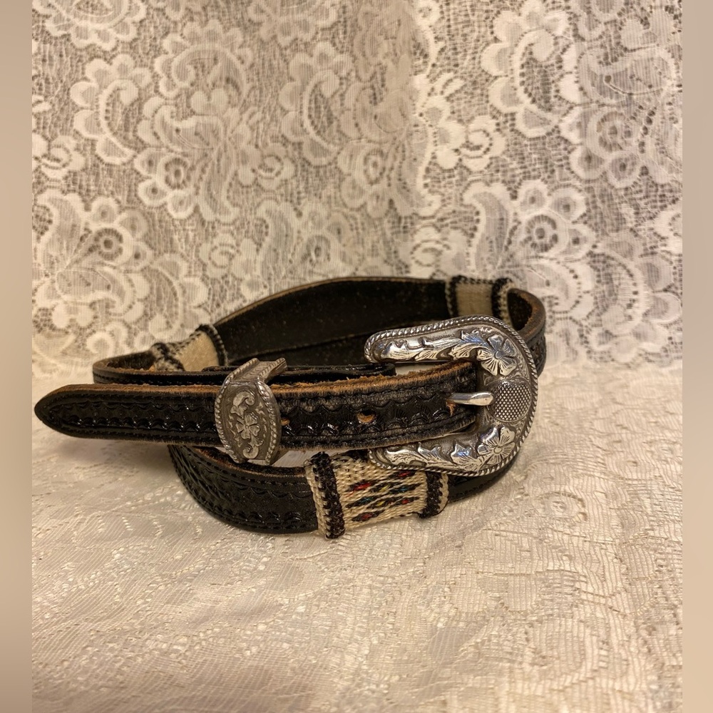 Vintage Leather Handmade Belt with Silver Ornate Buckle